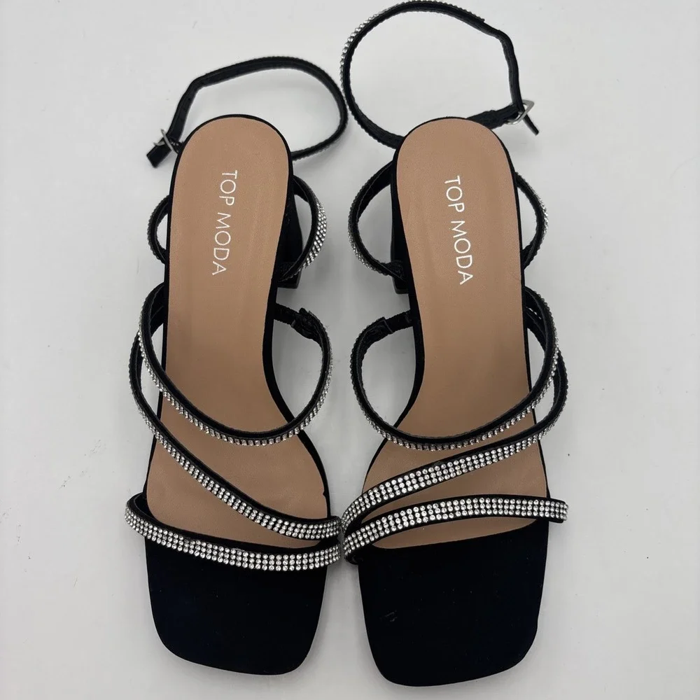 TOP MODA Women's Black/Silver Strappy Rhinestone Ankle Strap Buckle Heel  6.5